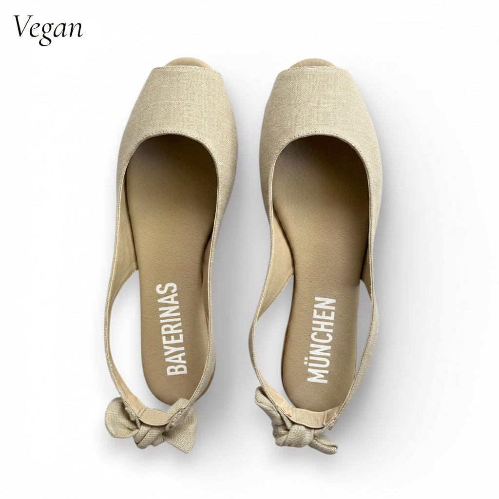 Vegane peeptoe Ballerinas Schuhe in natur Leinen mit Bayerinas München Schrift als Logo